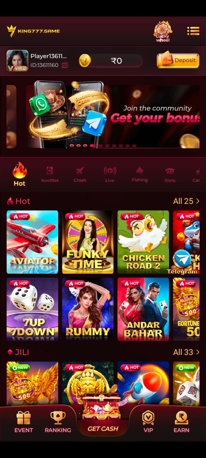 King 777 game lobby on a mobile screen