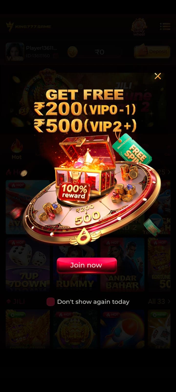 King 777 Free ₹200 and ₹500 Welcome Bonus